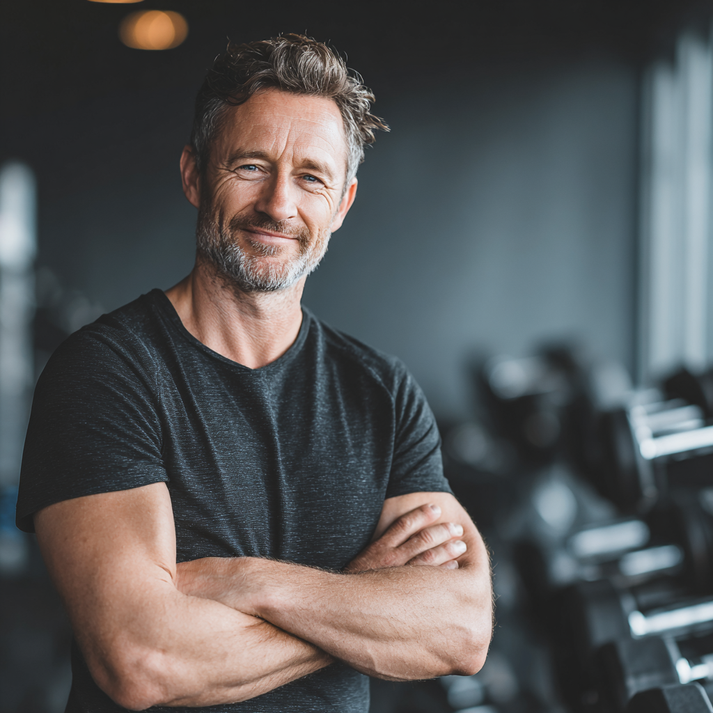 A confident middle-aged man in his 50s wearing athletic wear, standing in a modern gym with dumbbells in the background, smiling and looking energetic