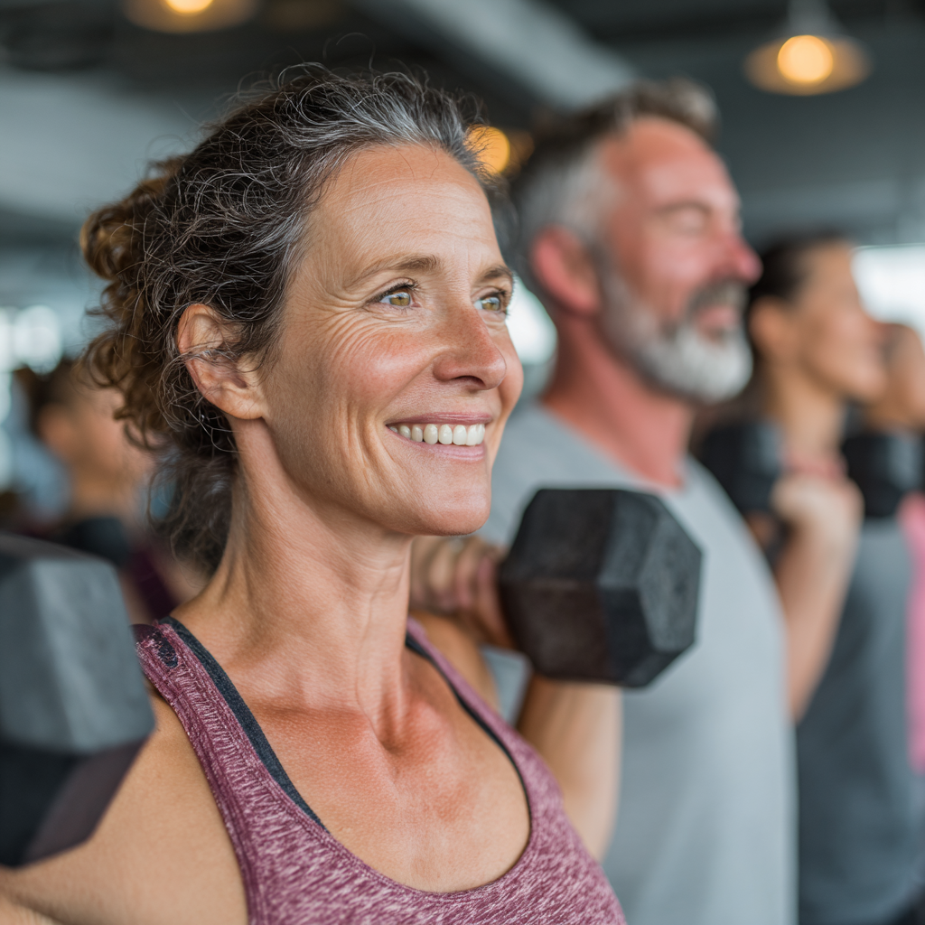 A group of energetic middle-aged people around 45 years old exercising together in a bright modern gym, showing diverse exercises like weightlifting and cardio