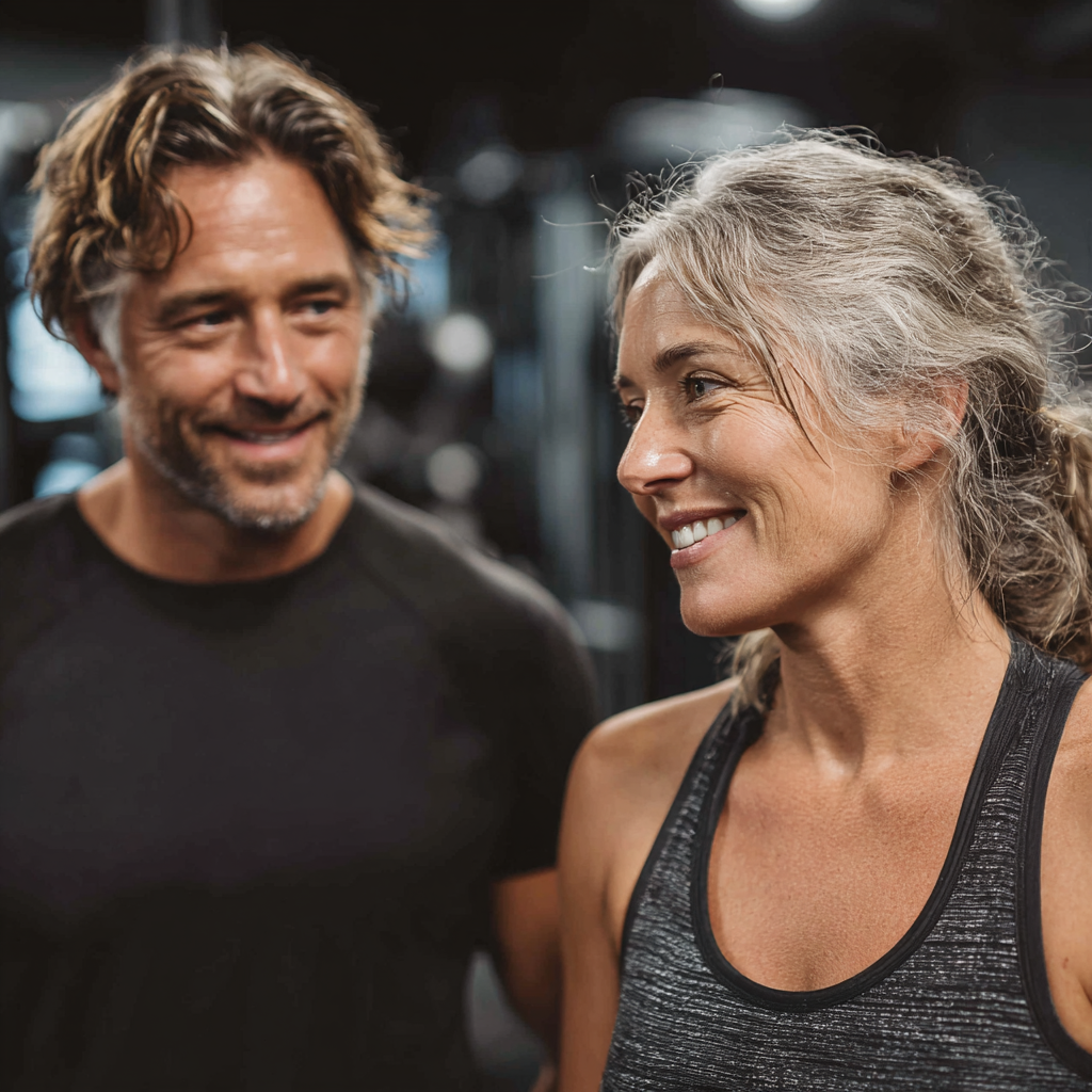 A professional fitness trainer in his 40s demonstrating proper exercise form to a smiling female client around 50 years old in a well-equipped gym setting